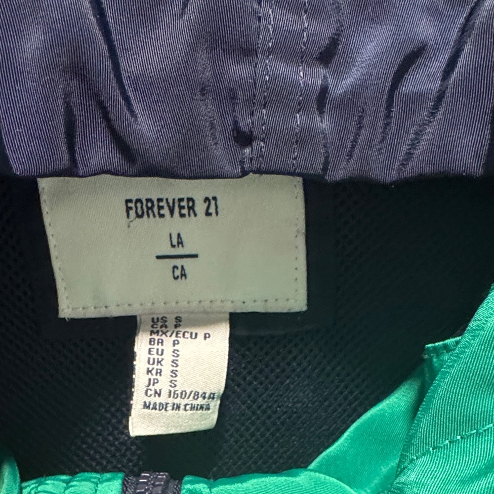 Forever 21 Navy Hoodie with Green & White Accents Rain Jacket - Picture 2 of 5